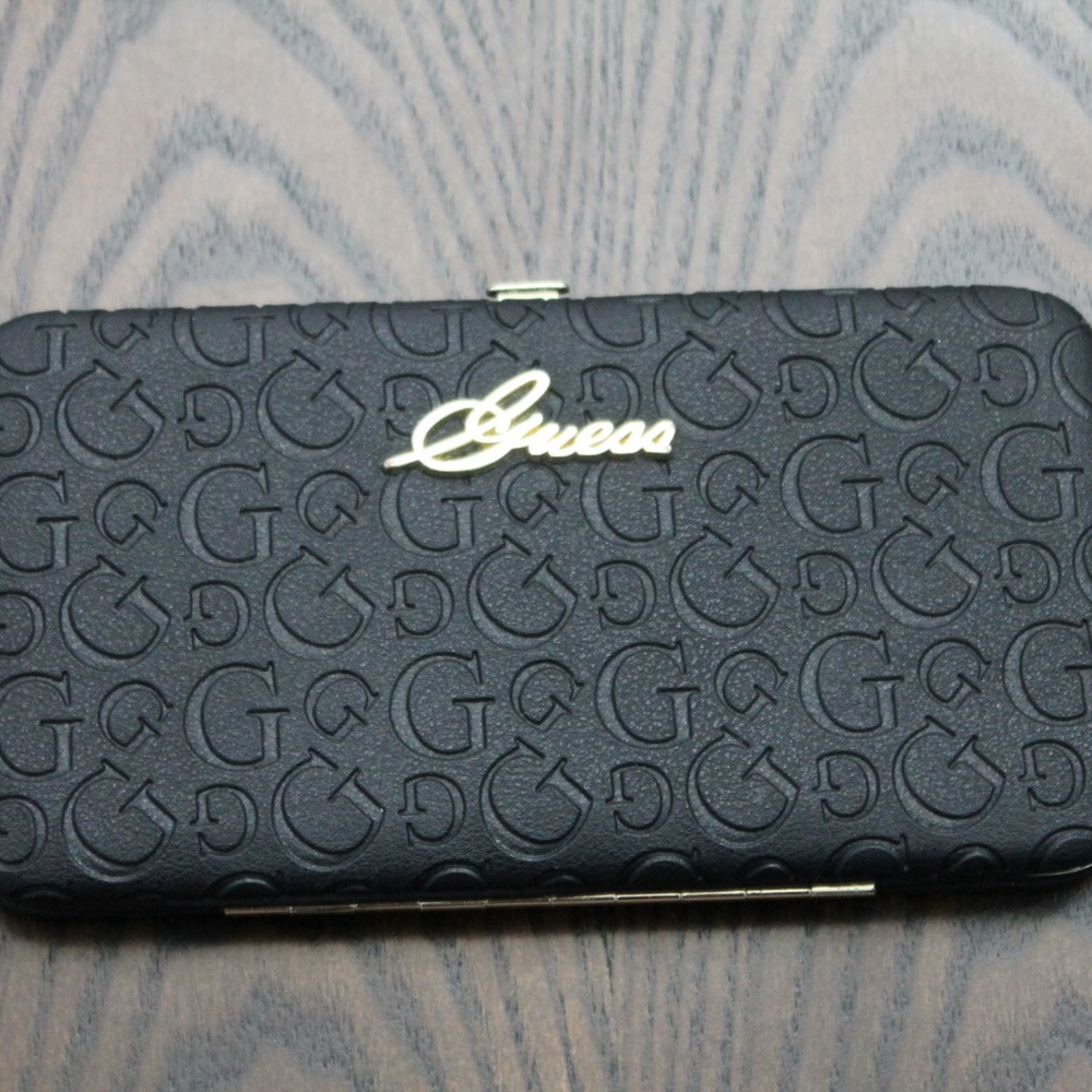 Black Gold Sand Embossed Guess Hinge Wallet